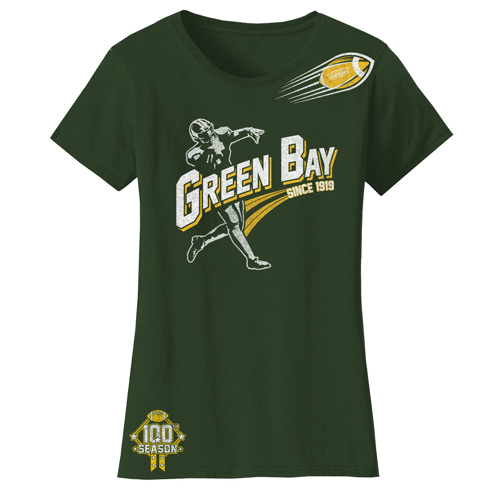 Women's Football Theme T-Shirt - Women's Ballers Football T-Shirts (Plus Sizes Available) - Green Bay - Forest Green / S