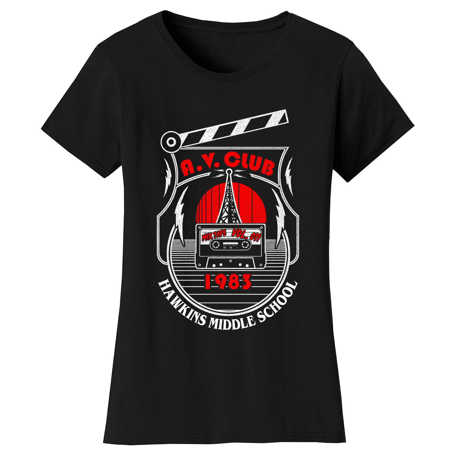 Women's Best of Stranger Things T-shirts - A. V. Club 1983 Hawkins Middle School - Black / S