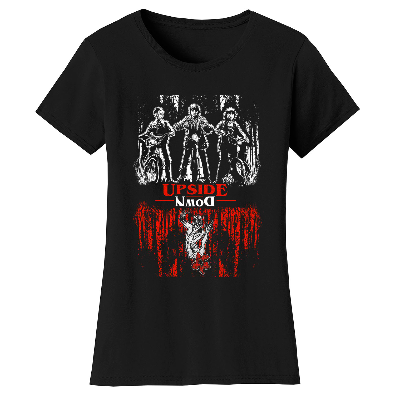 Women's Best of Stranger Things T-shirts - Upside Down Three Guys on the Bikes - Black / S