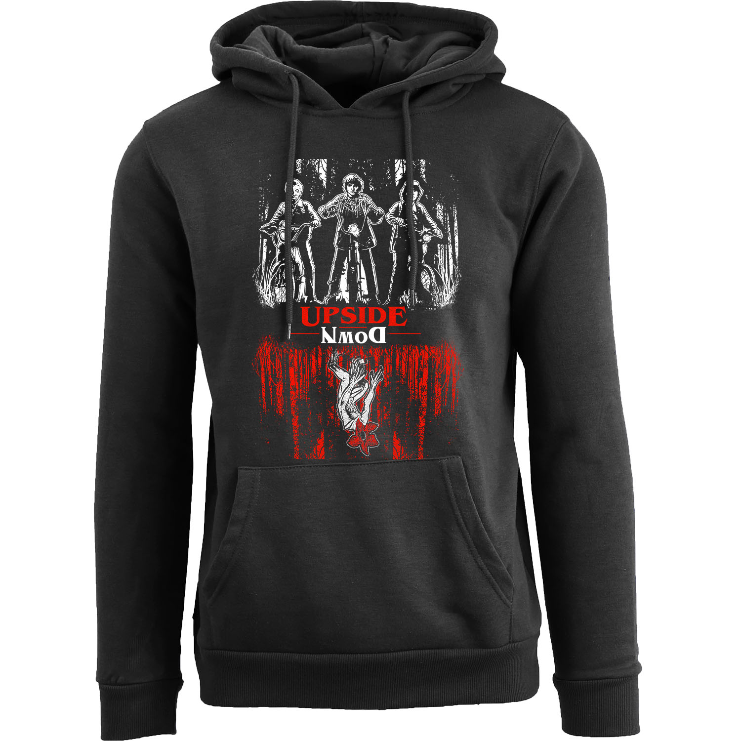 Stranger Things Themed Pullover Hoodie - Upside Down Three Guys on the Bikes - Black / S