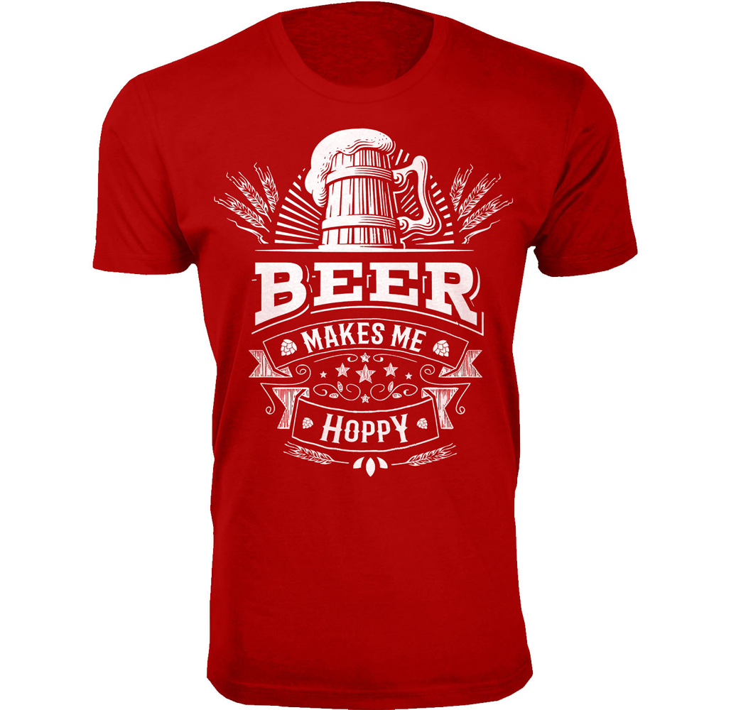 Men's 'Beer Makes Me Happy' T-shirt - Men's Hilarious Beer Joke T-shirts - Beer Makes Me Hoppy - Red / L
