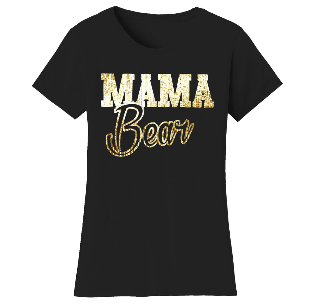 Women’s Mama Bear Themed T-Shirts - Women's Mama Bear Themed T-shirts - MAMA Bear Script - Black/Gold Print / Small