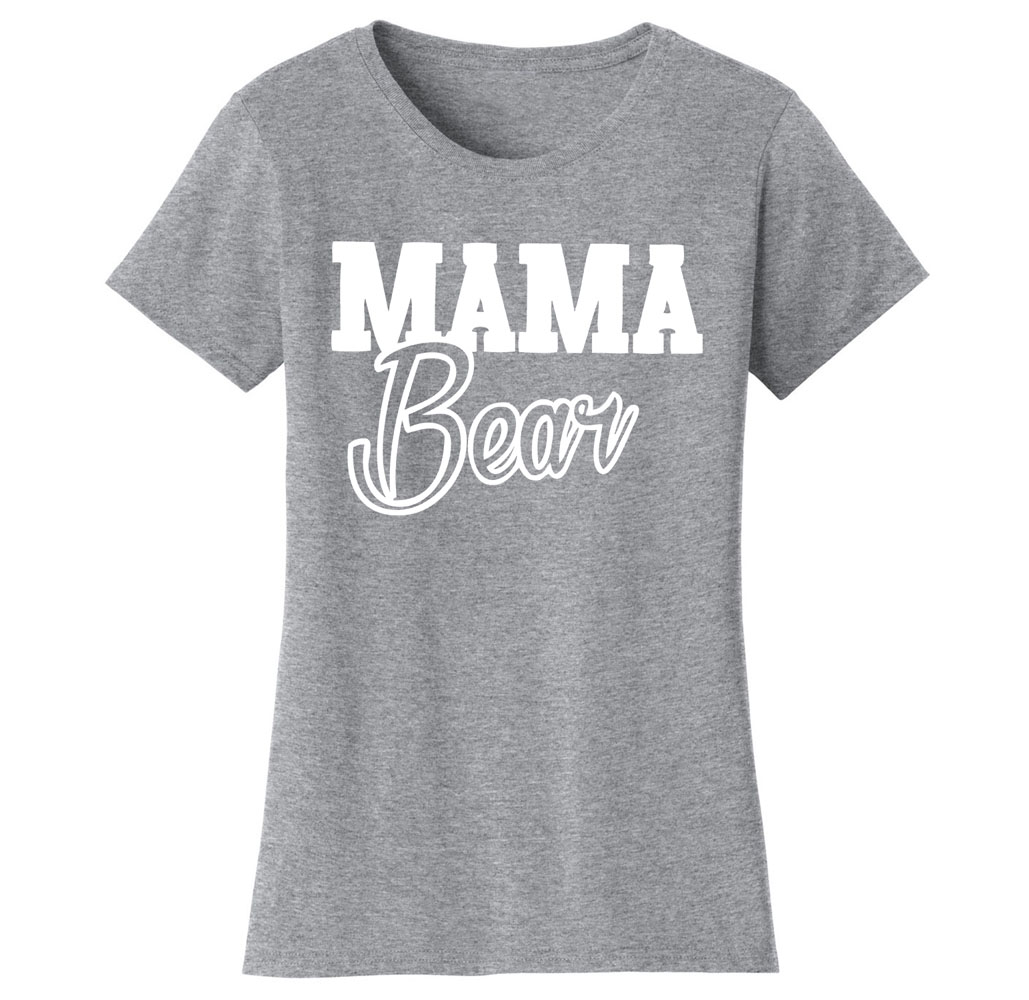 Women’s Mama Bear Themed T-Shirts - Women's Mama Bear Themed T-shirts - MAMA Bear Script - Heather Grey/White Print / Large
