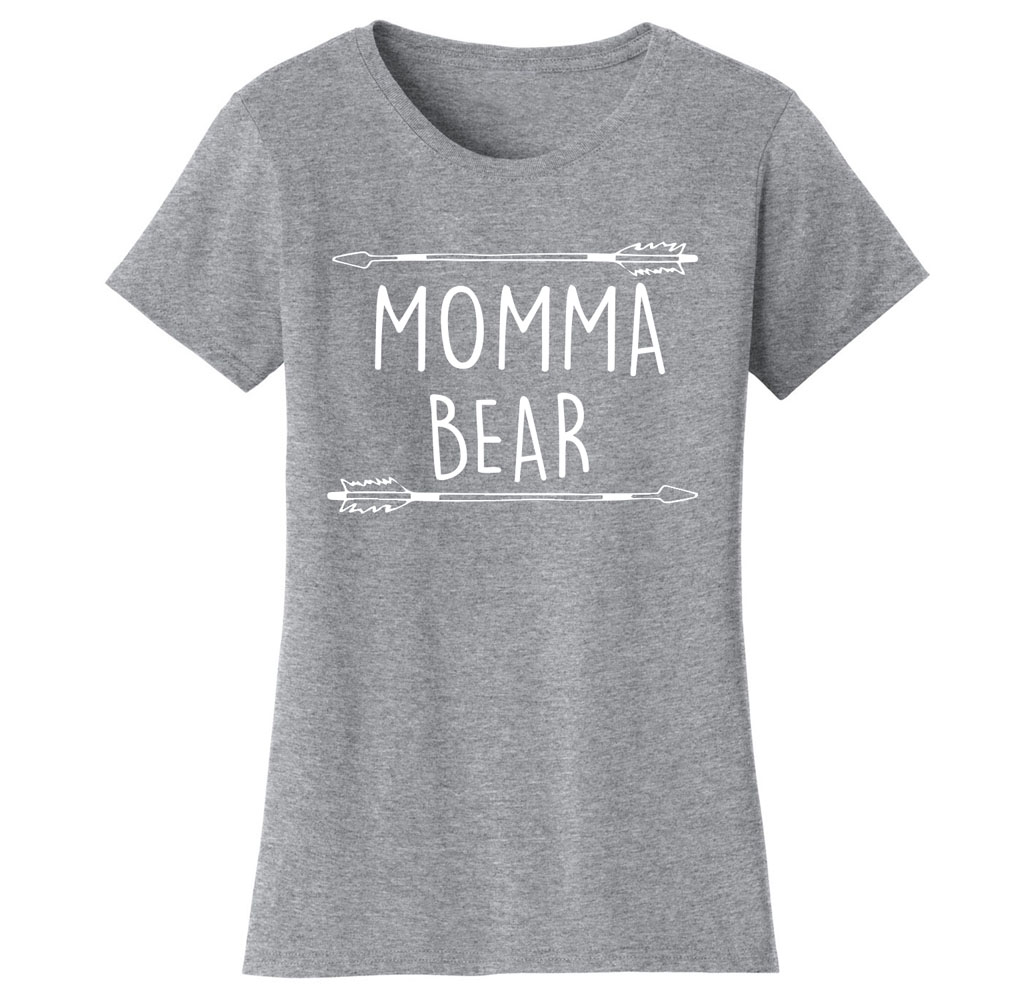Women’s Mama Bear Themed T-Shirts - Women's Mama Bear Themed T-shirts - MOMMA Bear Arrow - Heather Grey/White Print / X-Large