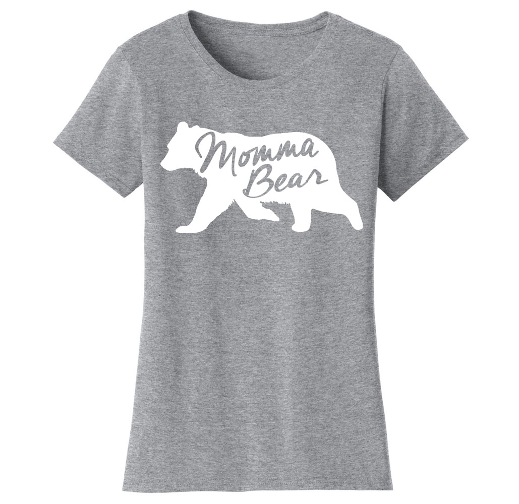 Women’s Mama Bear Themed T-Shirts - Women's Mama Bear Themed T-shirts - Momma Bear Silhouette - Heather Grey/White Print / Small