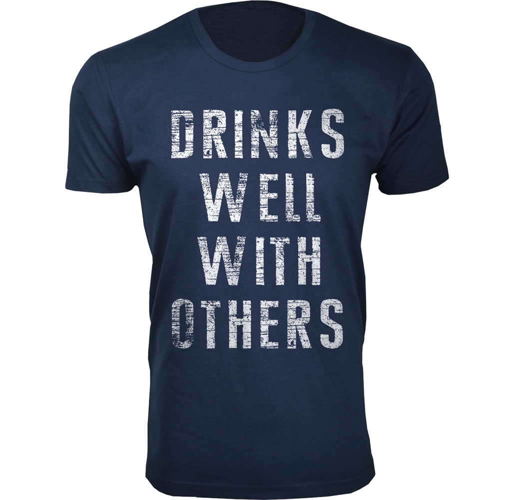 Men’s ‘Drinks Well with Others’ Funny T-Shirt - Men's Drinks Well with Others Beer T-shirts - Navy / Medium