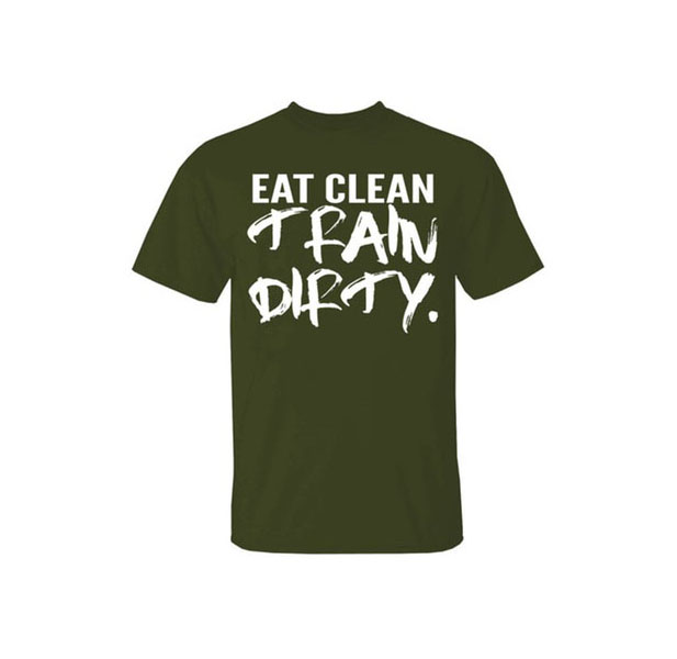 Men's Pre-Shrunk Cotton Gym Themed Workout T-Shirt - Eat Clean / Military Green / 3XL