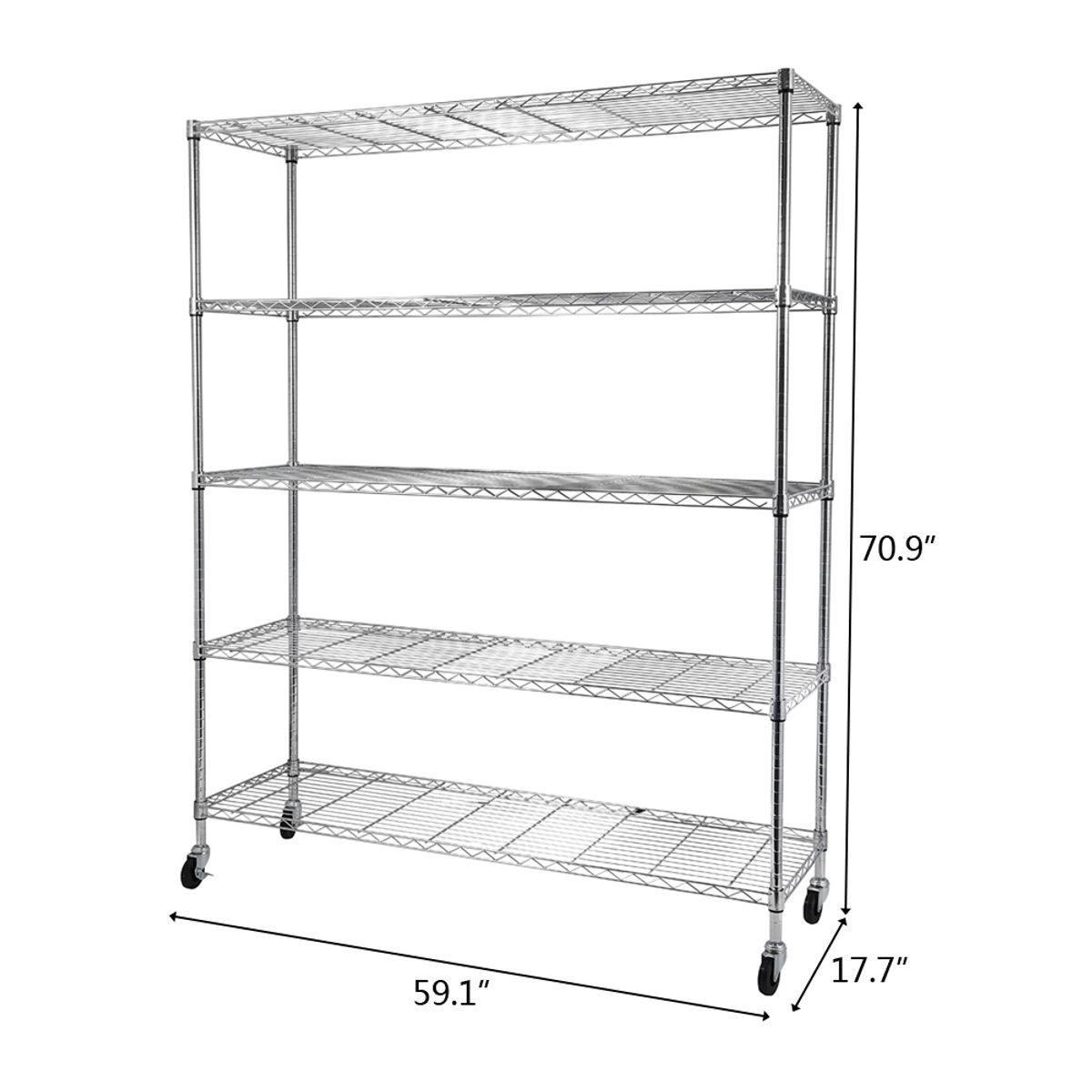 5-Tier Steel Wire Shelving with Wheels - Wire Shelving - 59"" x 17"" x 70""