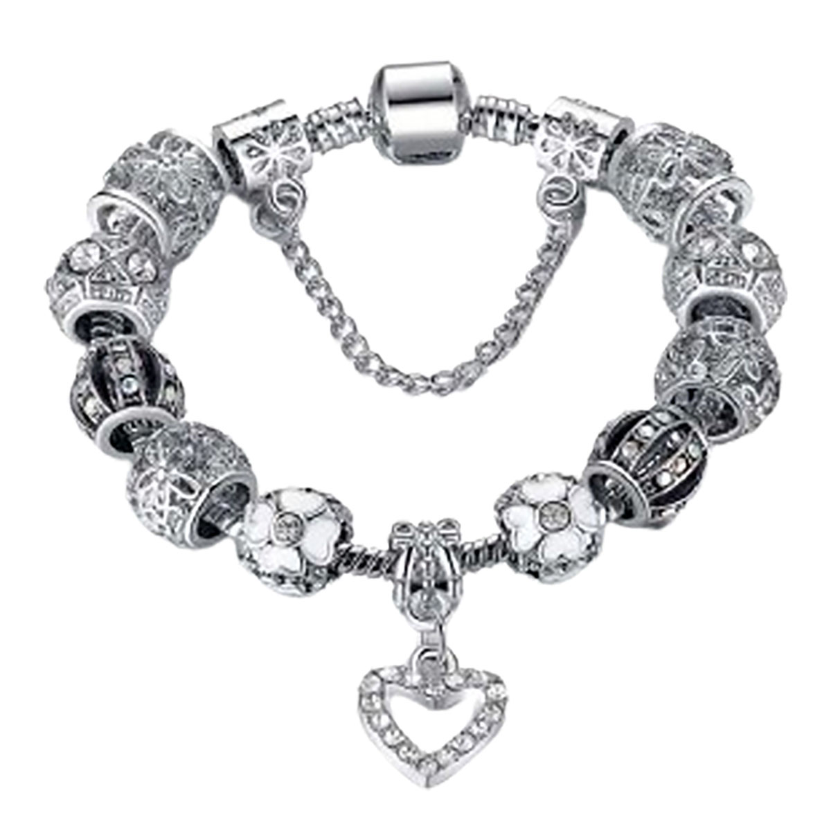 7.5-Inch Crystal Heart Charm Bracelet - White