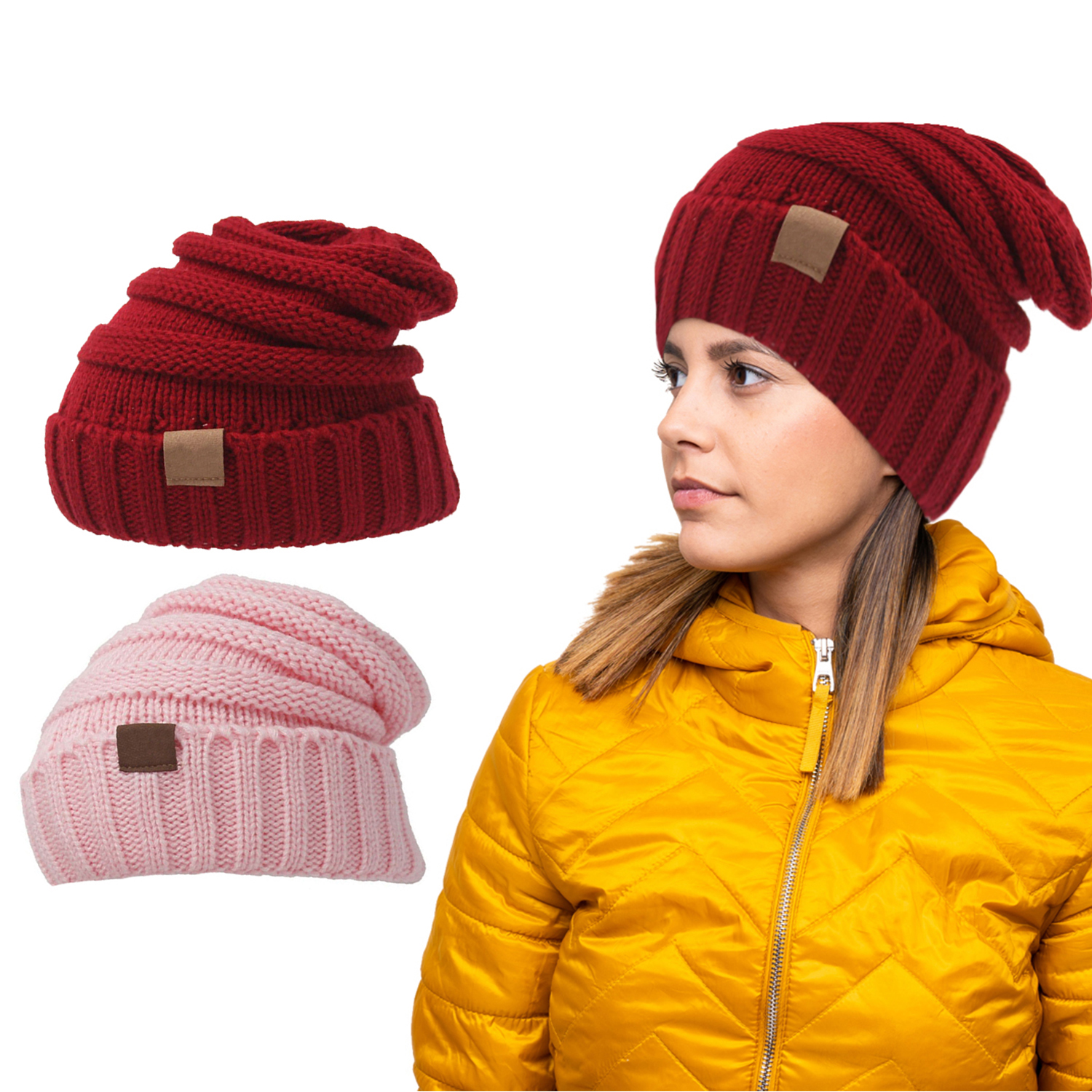 Women's Warm Knitted Beanie (2-Pack) - Pink & Red