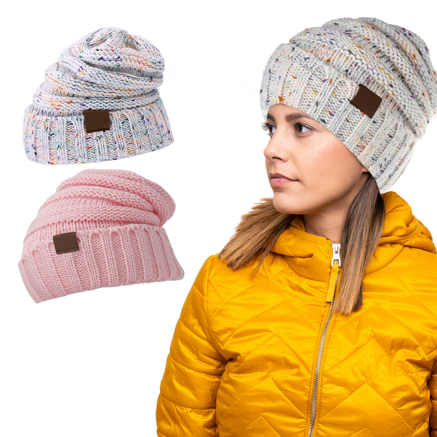 Women's Warm Knitted Beanie (2-Pack) - White & Pink