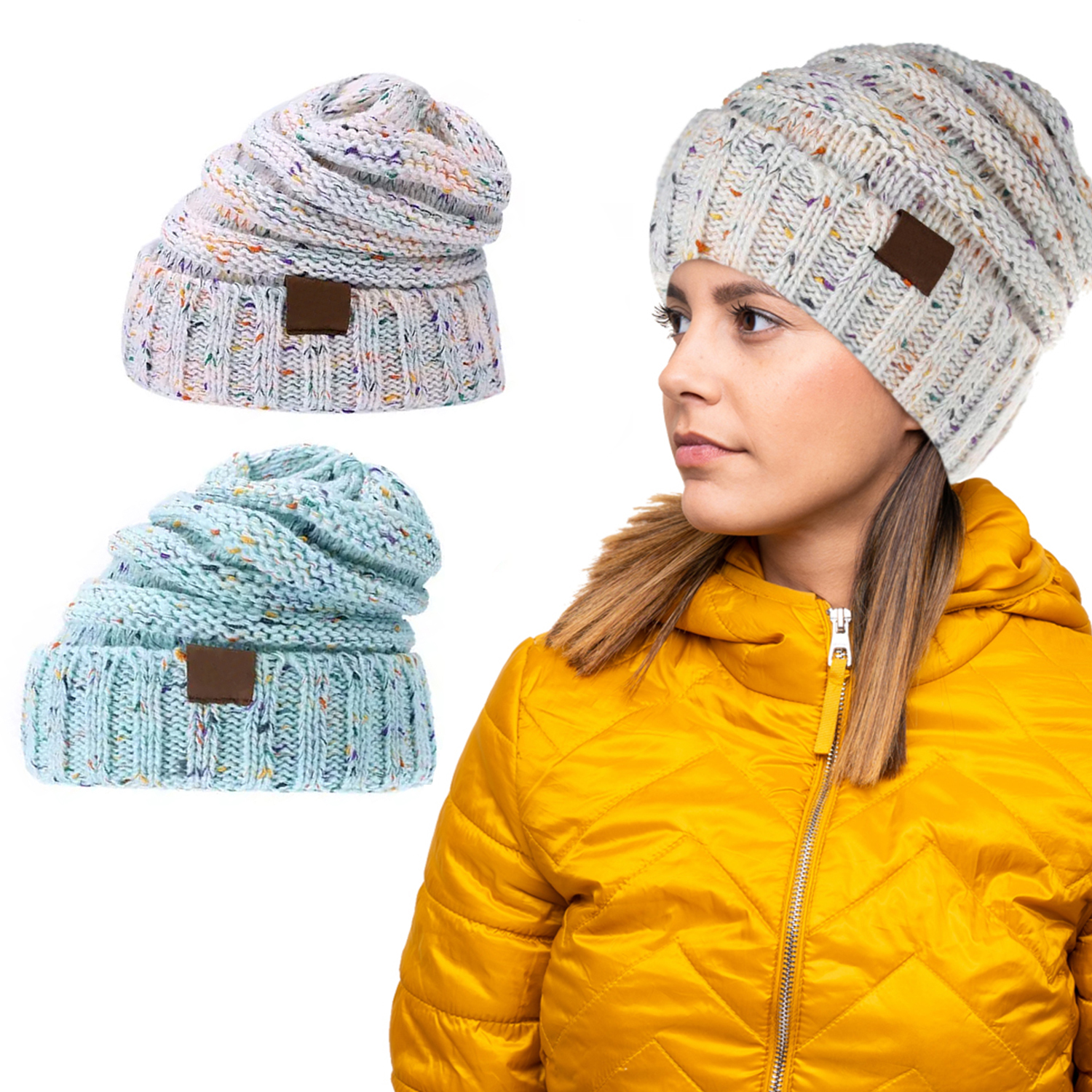 Women's Warm Knitted Beanie (2-Pack) - White & Blue