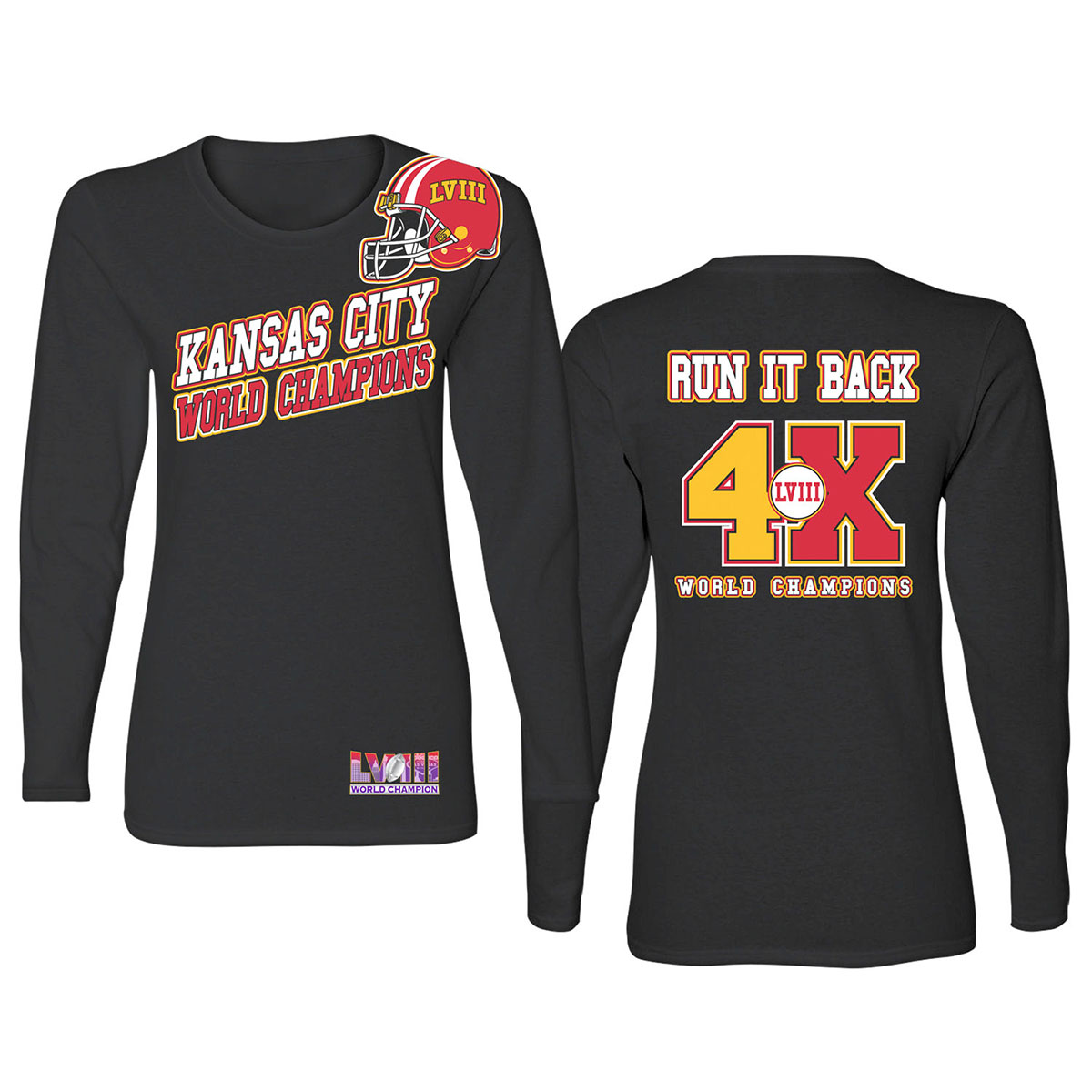 Women's Football Champion Winner Kansas City Shirt or Hoodie - LS - Angle - Black / 2XL