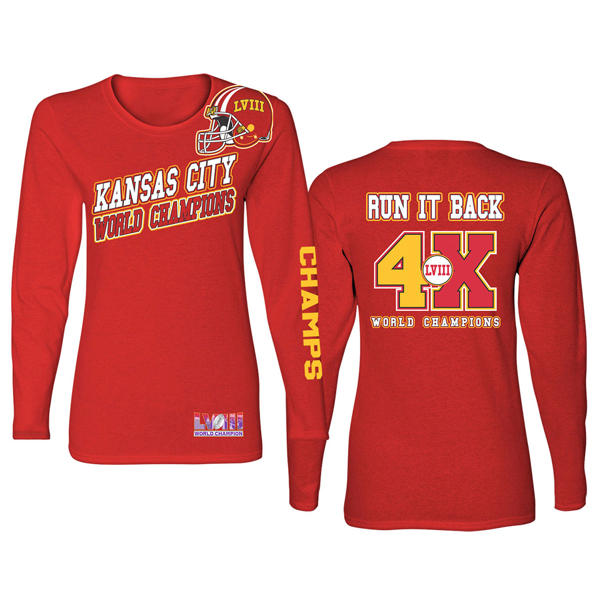 Women's Football Champion Winner Kansas City Shirt or Hoodie - LS - Angle - Red / 2XL