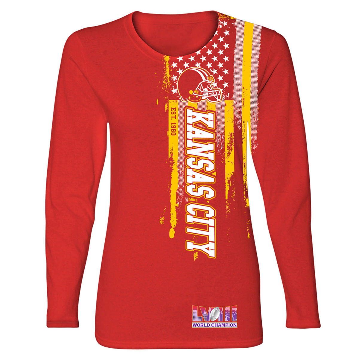 Women's Football Champion Winner Kansas City Shirt or Hoodie - LS - USA Flag - Red / 2XL