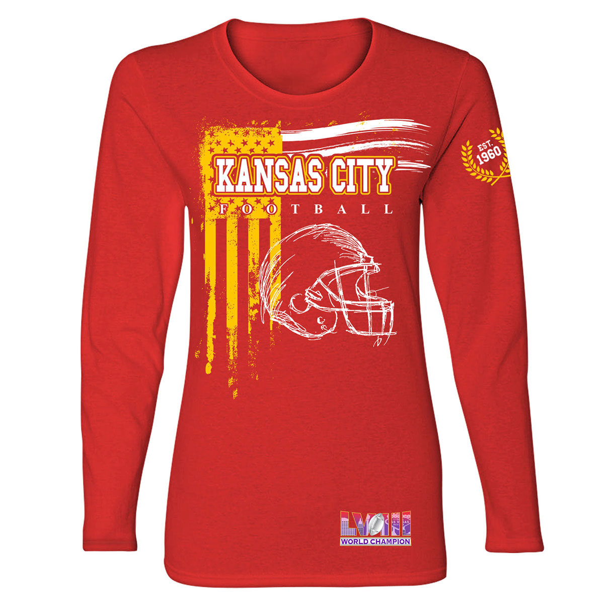 Women's Football Champion Winner Kansas City Shirt or Hoodie - LS - Vintage USA Flag - Red / S