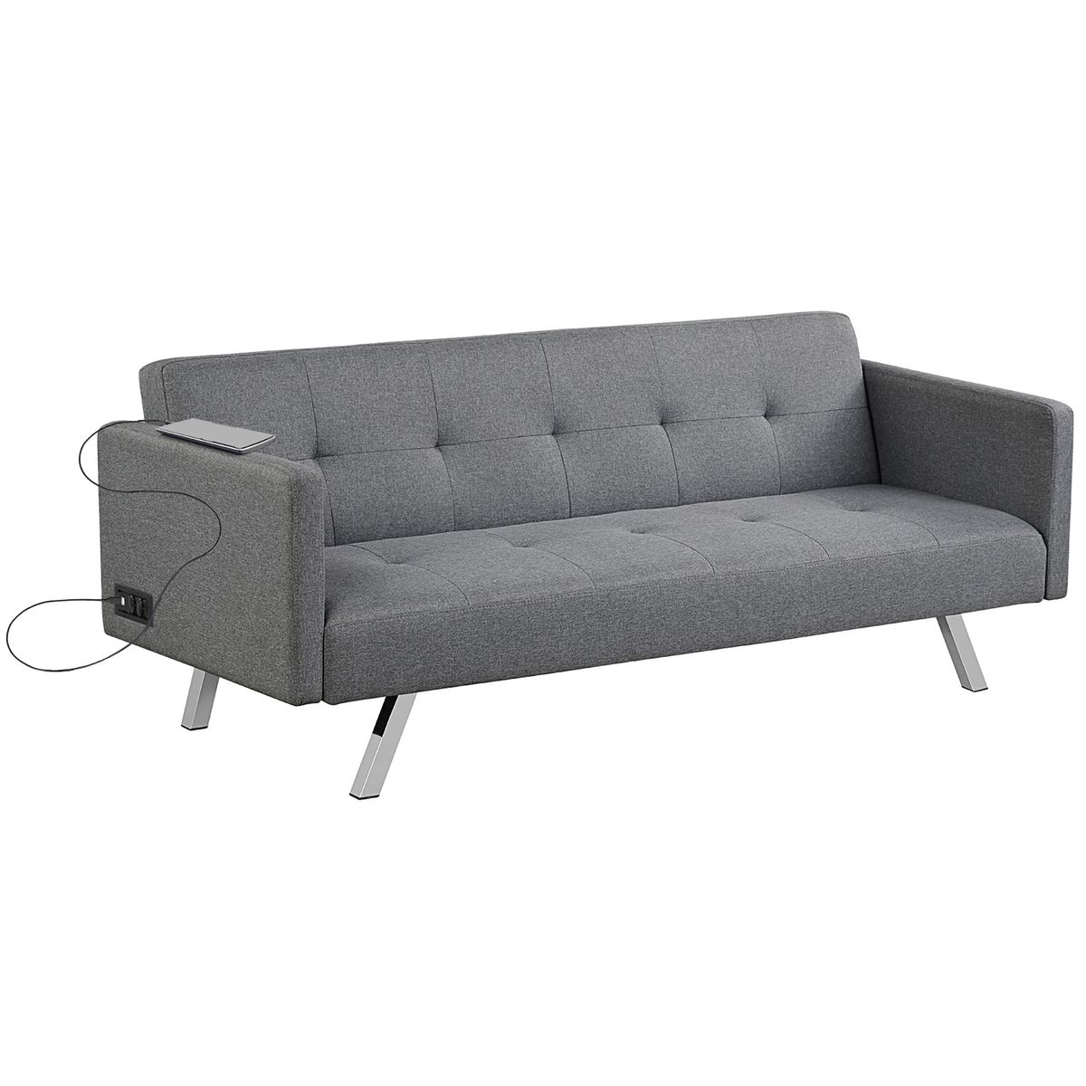 Convertible Futon Sofa Bed with USB Ports & Power Strip - Grey