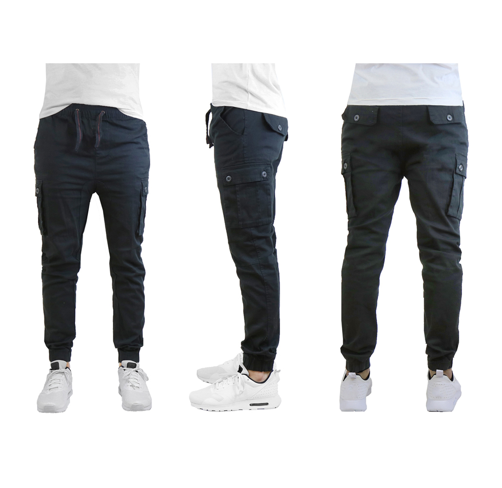 Men's Stretch Fit Cotton Cargo Joggers - Black - Small