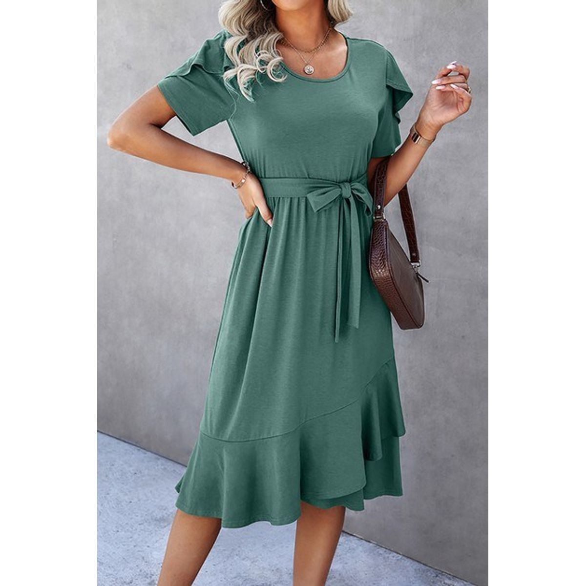 Women's Casual Scoop Neck Ruffle Sleeve Dress with High-Waist Belt - XL (10-12)-Green