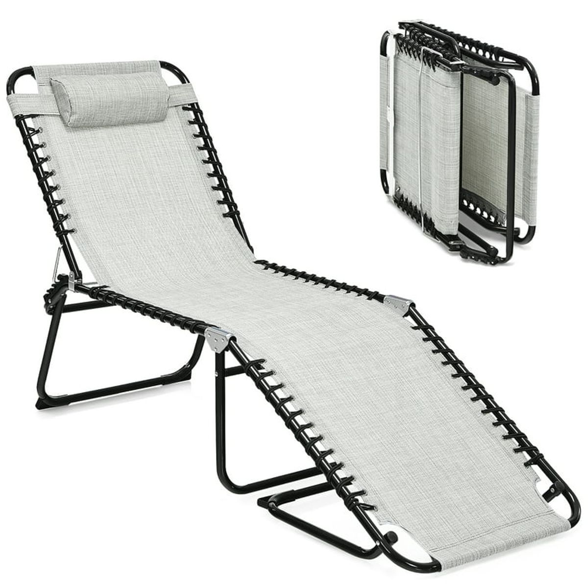 Costway Folding Beach Lounge Chair with Pillow - Grey