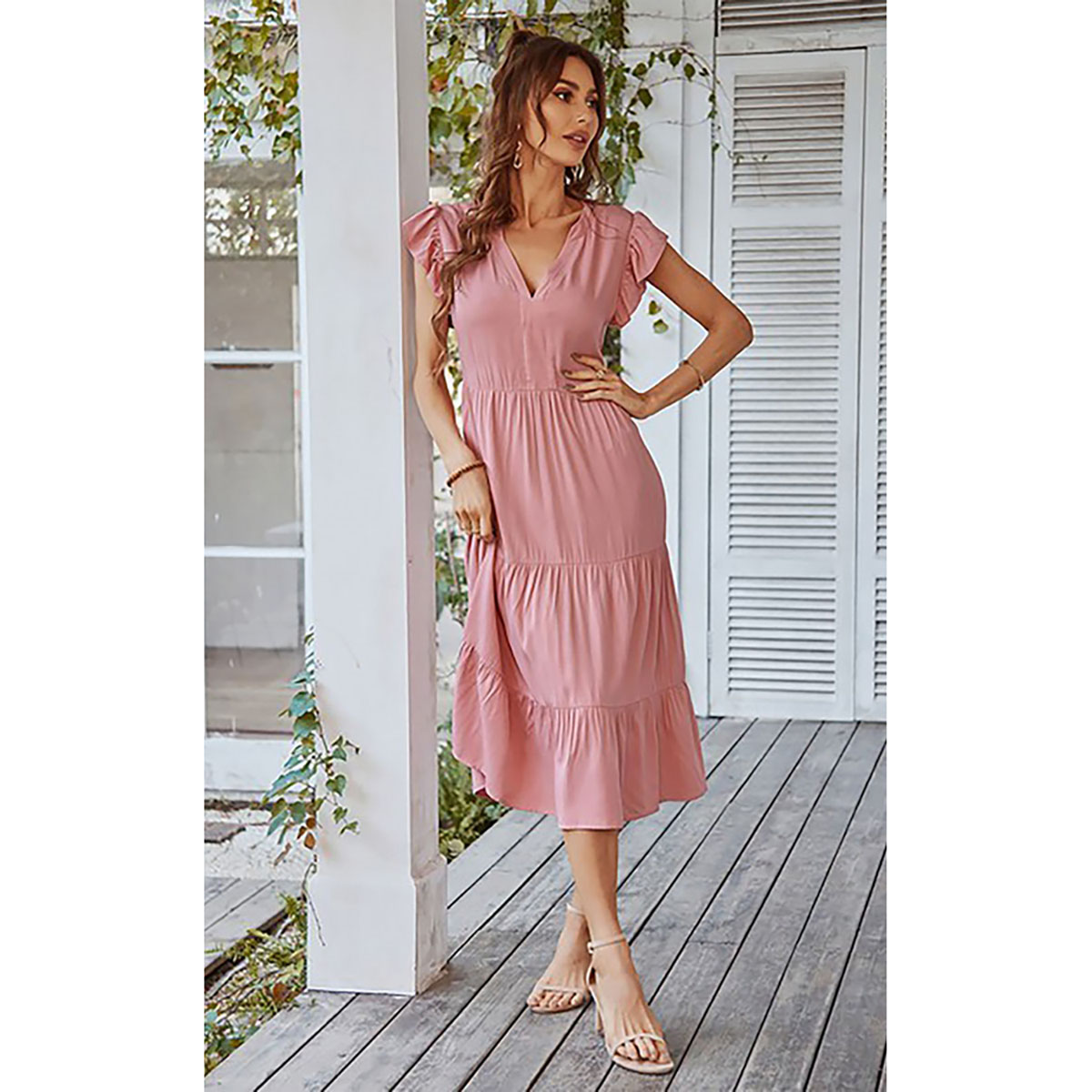 Women's Solid Color V-Neck Flutter Ruffle Sleeve Midi Dress - Small (2-4)-Pink