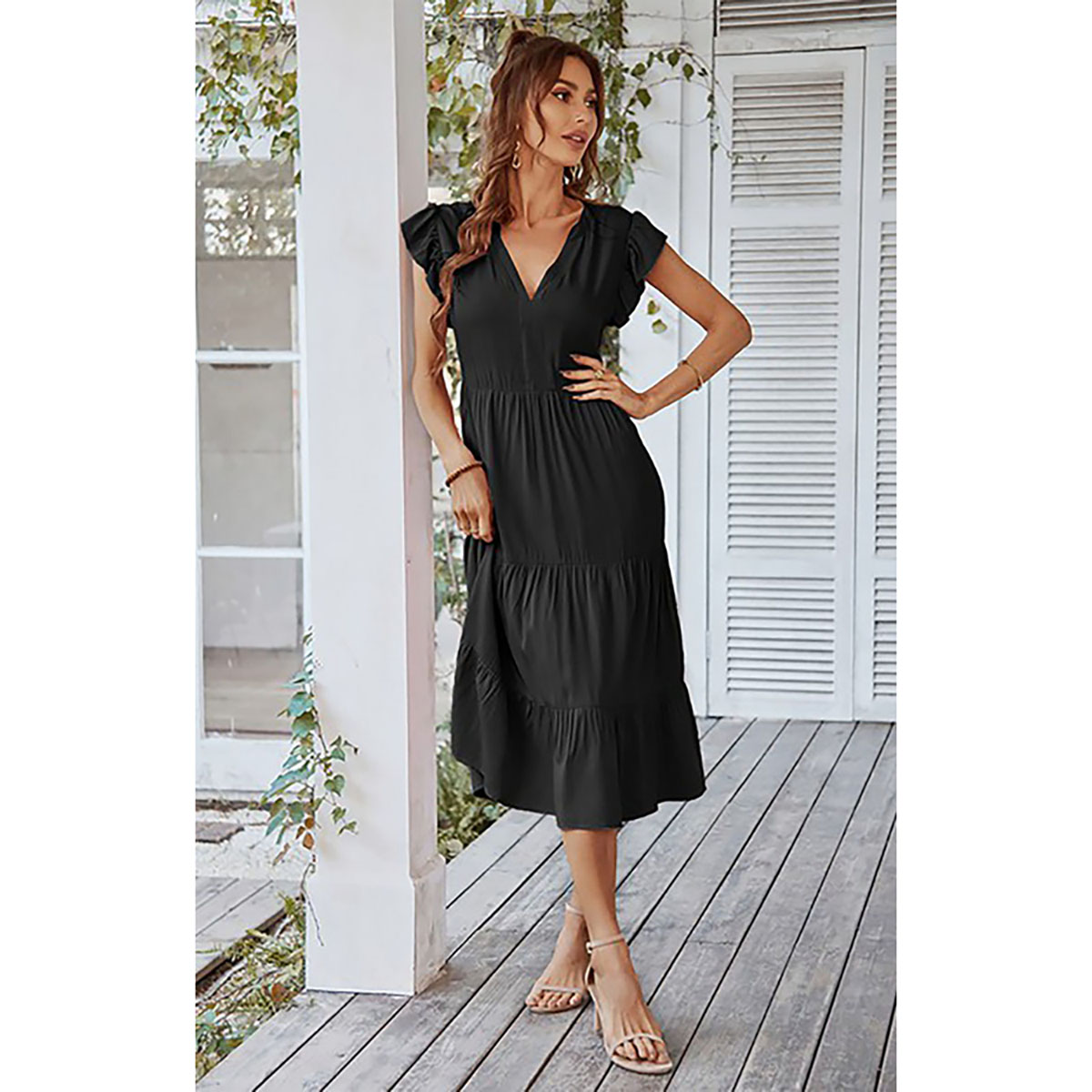 Women's Solid Color V-Neck Flutter Ruffle Sleeve Midi Dress - Medium (6-8)-Black