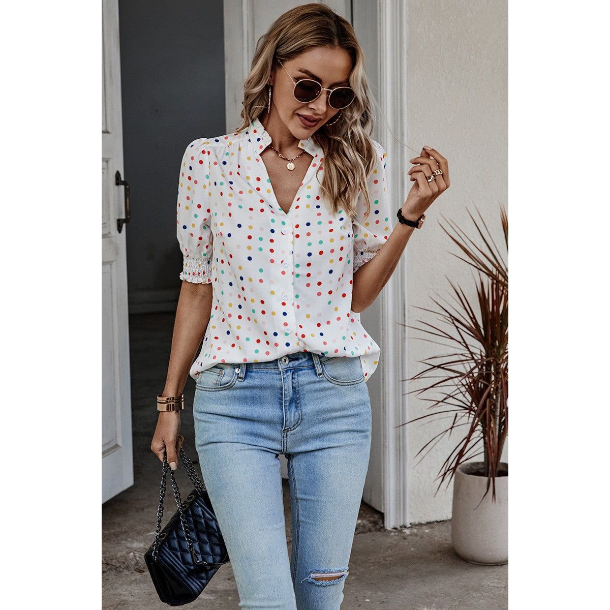 Women's Whimsy Polka Dot Puff Sleeve Blouse - White / Large (8-10)