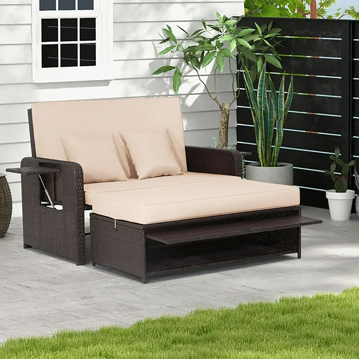 Patio Rattan Daybed with 4-Level Adjustable Backrest & Retractable Side Tray - Rattan Daybed BN