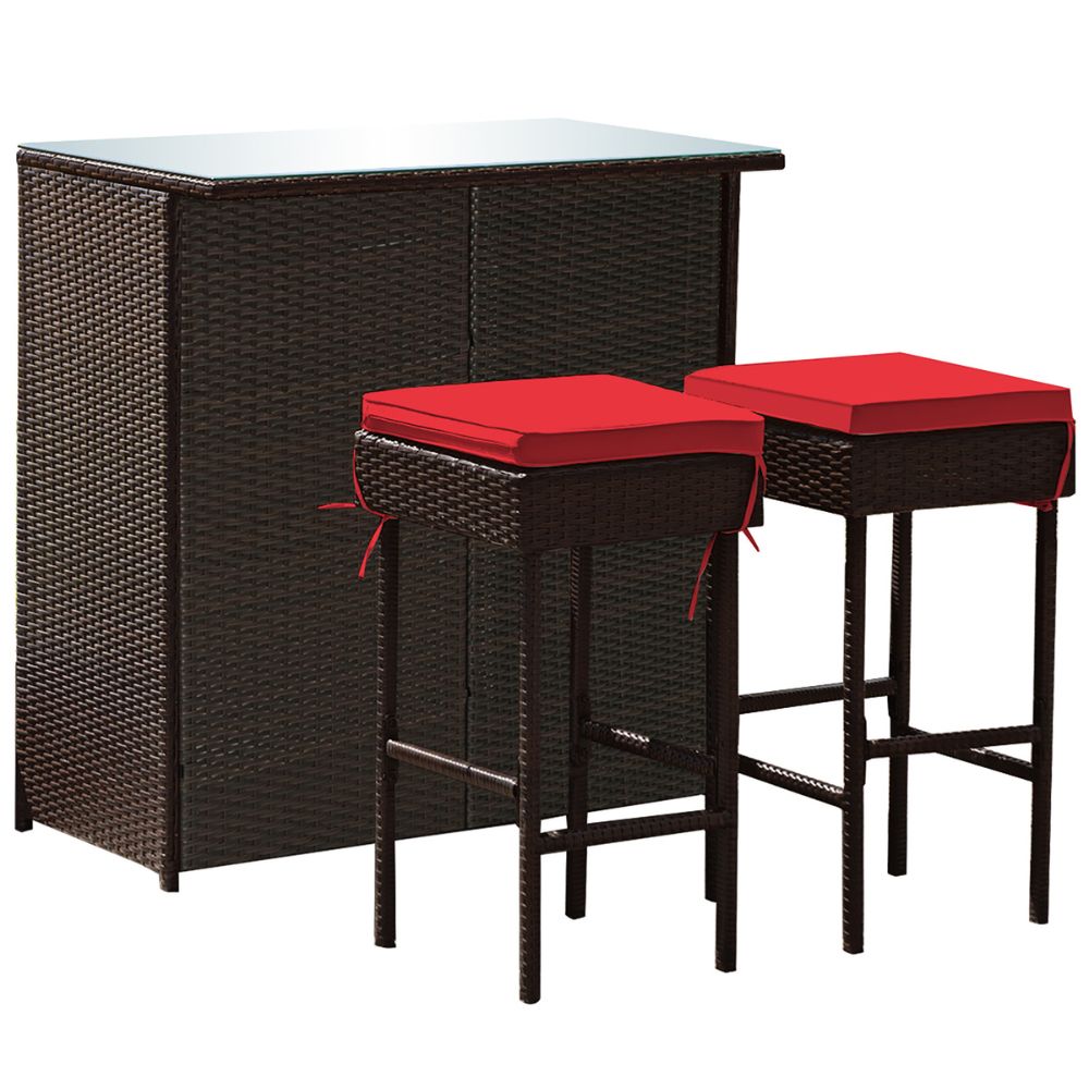 3-Piece Outdoor Rattan Wicker Bar Set with 2 Cushion Stools - 3-Piece Rattan Bar Stool Set - Red