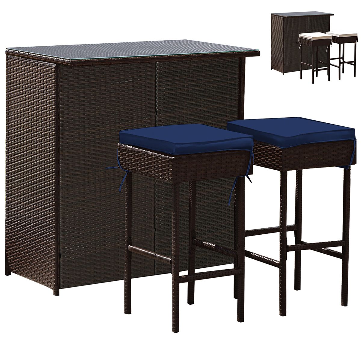 3-Piece Outdoor Rattan Wicker Bar Set with 2 Cushion Stools - 3-Piece Rattan Bar Stool Set- Navy/White