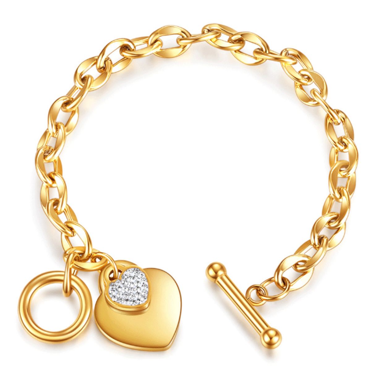 Women's 18K Gold Plated Dainty Toggle Heart Charm Bracelet - YELLOW