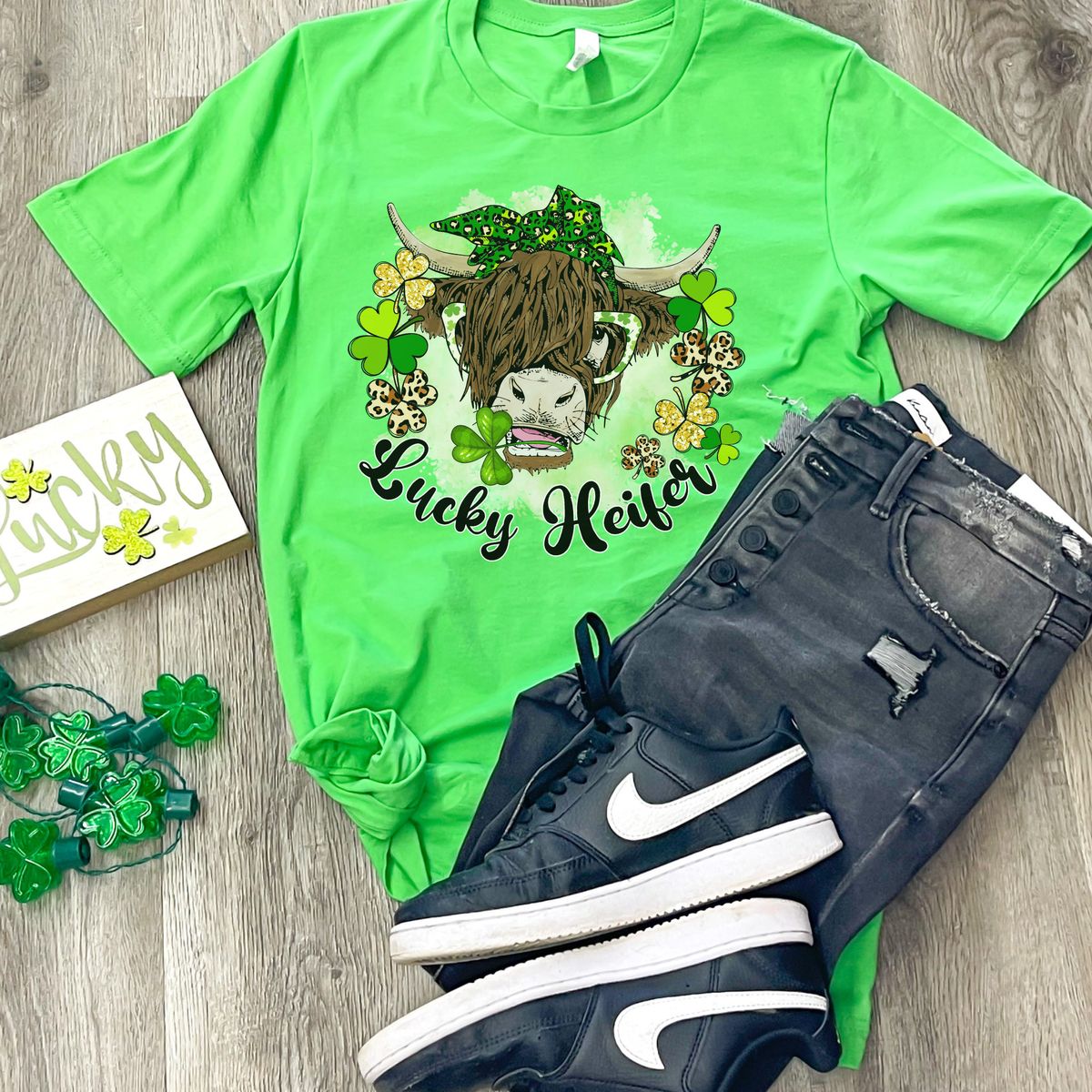 Lucky Heifer Graphic Tee - Electric Green / Womens XLarge