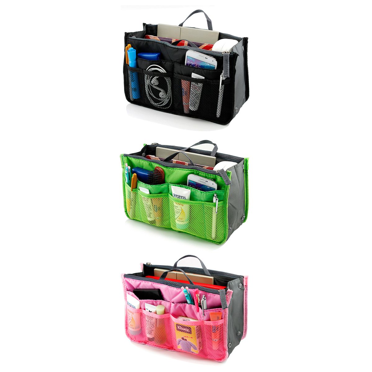 Travel Tote Handbag Organizer (3-Pack) - Black/Hot Pink/Green