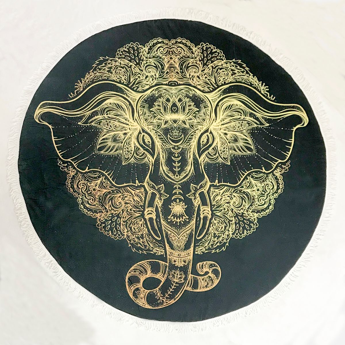 61-Inch Round Vibrant Beach Towel with Fringe (2-Pack) - Black & Gold Elephant Head