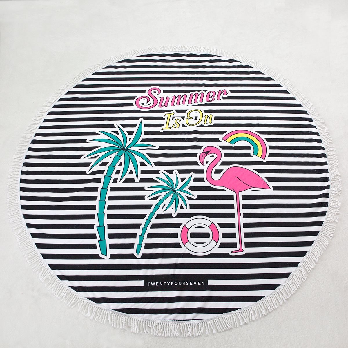 61-Inch Round Vibrant Beach Towel with Fringe (2-Pack) - Summer Flamingo