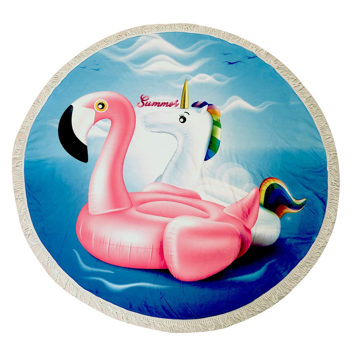 61-Inch Round Vibrant Beach Towel with Fringe (2-Pack) - Swan and Unicorn