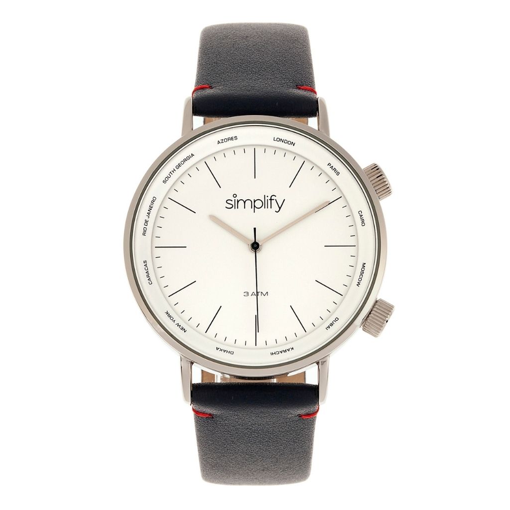 Simplify® The 3300 Leather-Band Watch - Navy / White