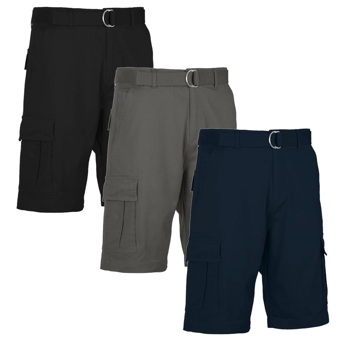 Men's Cotton Flex Stretch Cargo Shorts with Belt (3-Pack) - MCGS-330 / BK-GY-NV / 30