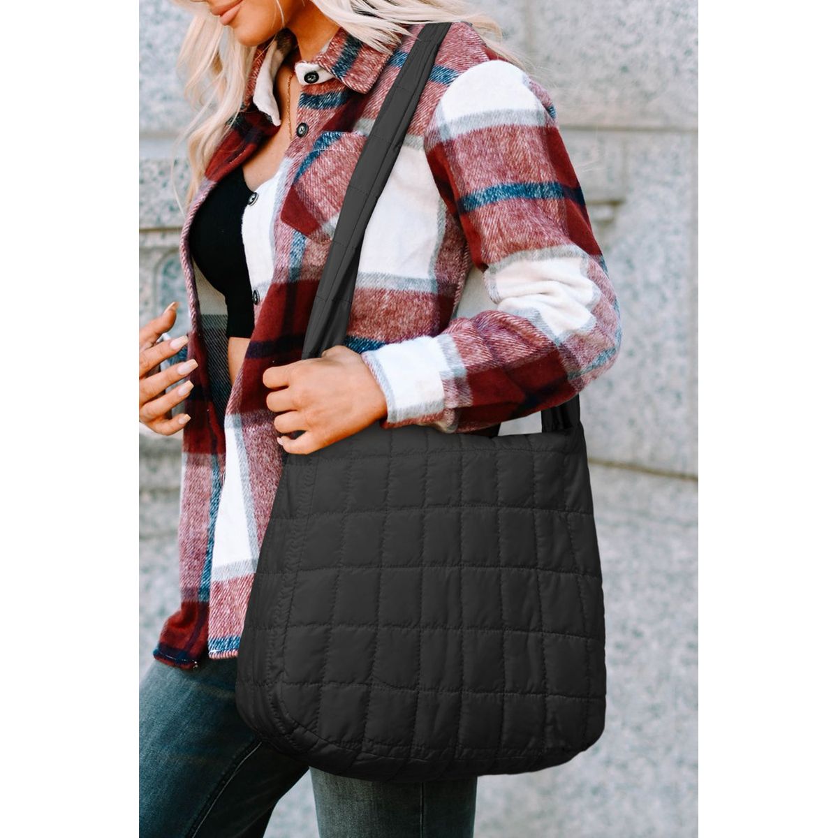 Kylie Quilted Zipper Tote Bag - Black / ONE SIZE / 100%Polyester