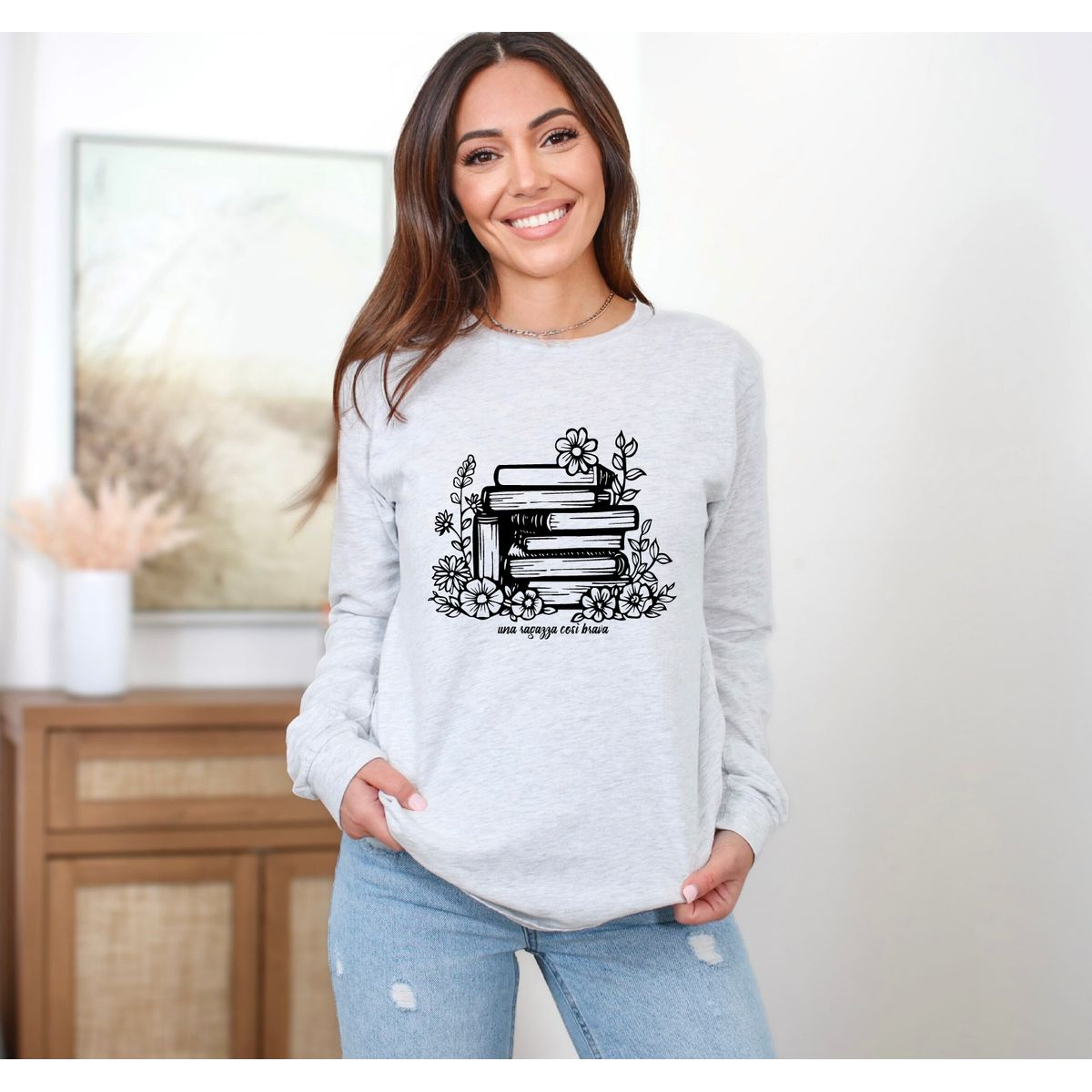 'Such a Good Girl' Books & Flowers Long Sleeve T-Shirt - Small / Ash
