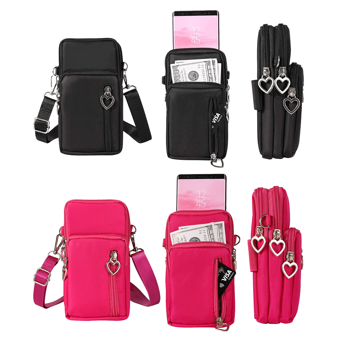 Small Crossbody Wallet Phone Bag with Heart Pull Tab (2-Pack) - Black-Pink