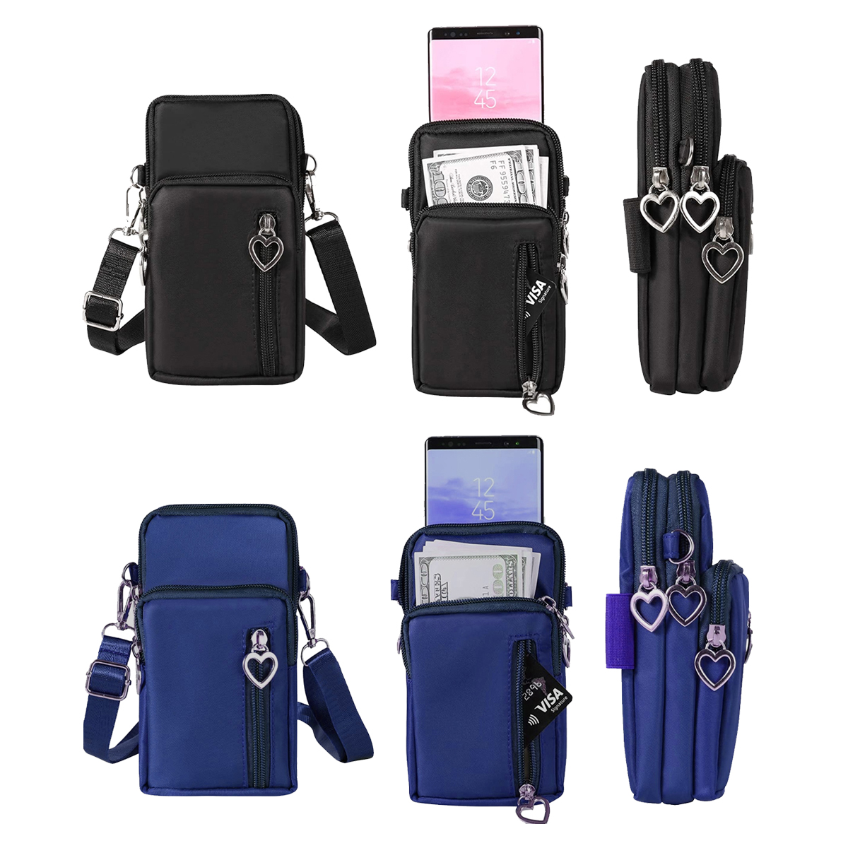 Small Crossbody Wallet Phone Bag with Heart Pull Tab (2-Pack) - Black-Blue