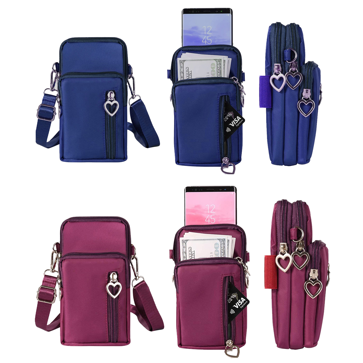 Small Crossbody Wallet Phone Bag with Heart Pull Tab (2-Pack) - Blue-Purple