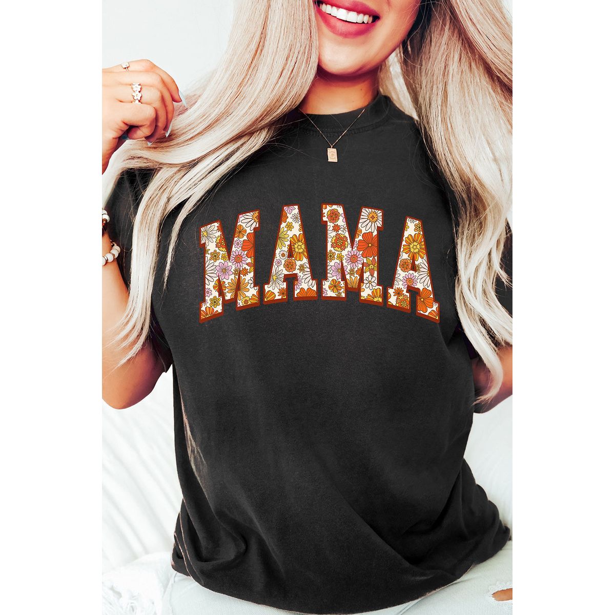 Women's Sunny Flower 'MAMA' Graphic Short Sleeve T-Shirt - Black / M - 8/10 / 62%Polyester+32%Cotton+6%Elastane