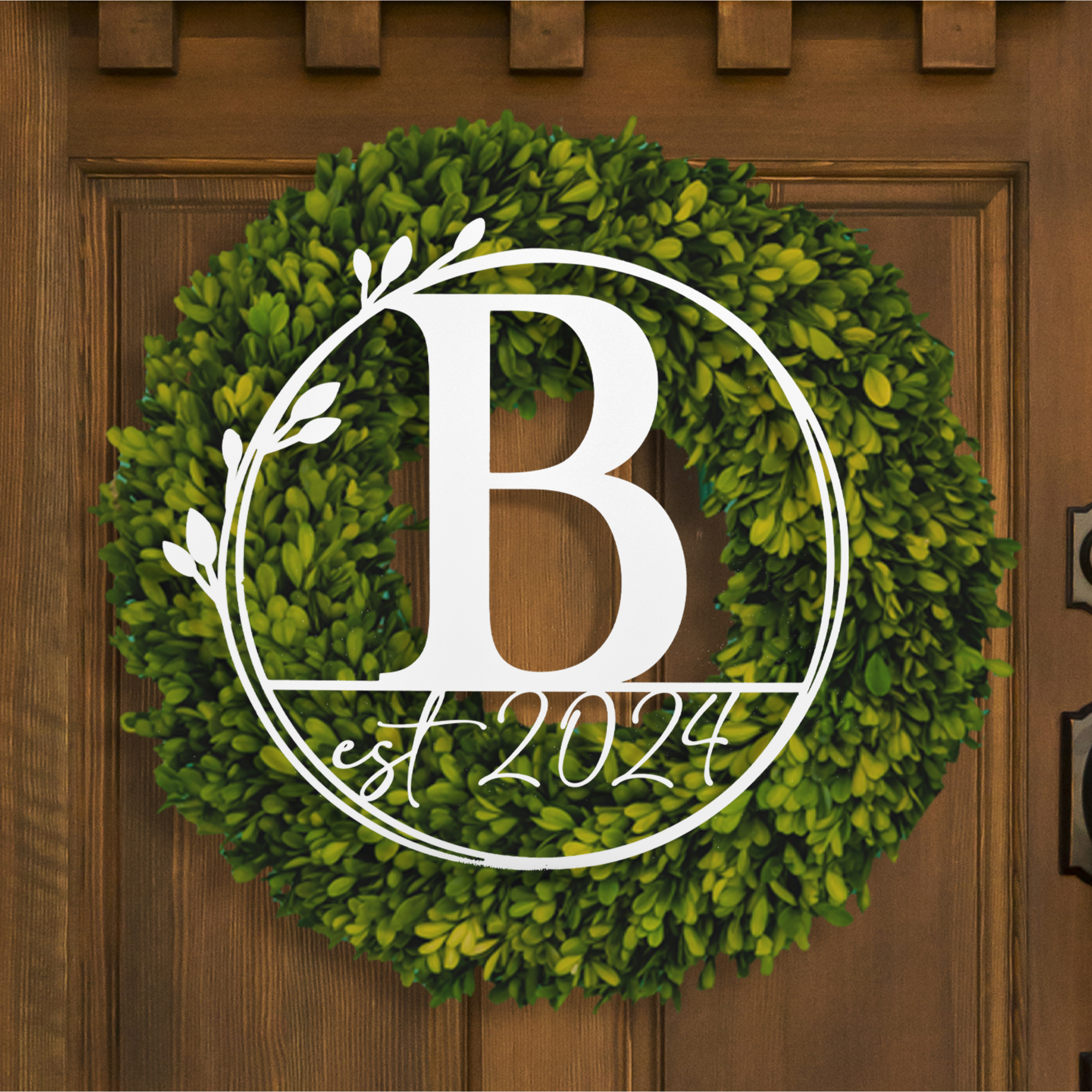 Personalized Metal Floral Leaves Outdoor Monogram Wreath - 12 inch / Raw Steel (can rust)