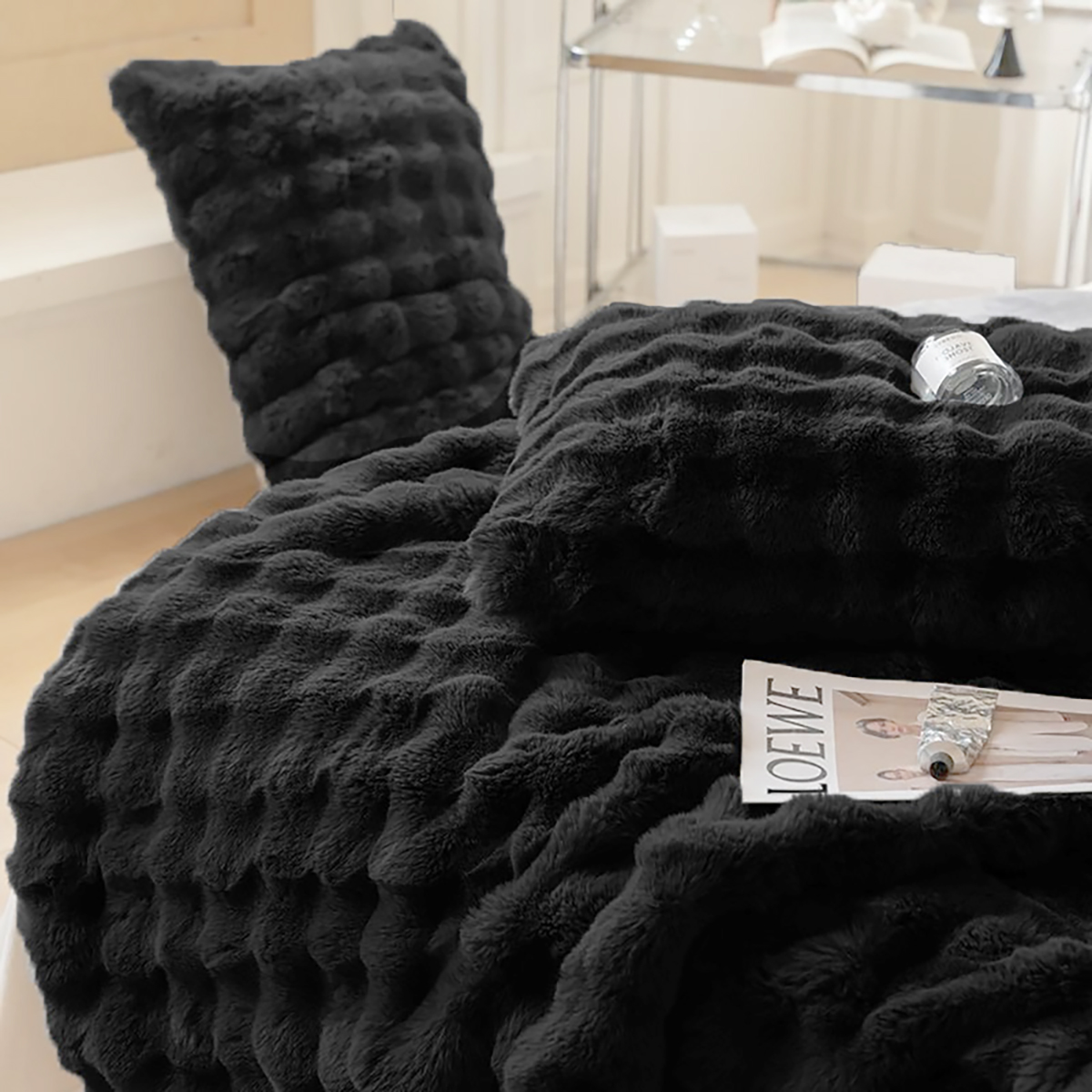 50 x 60-Inch Faux Rabbit Fur Blanket - Black