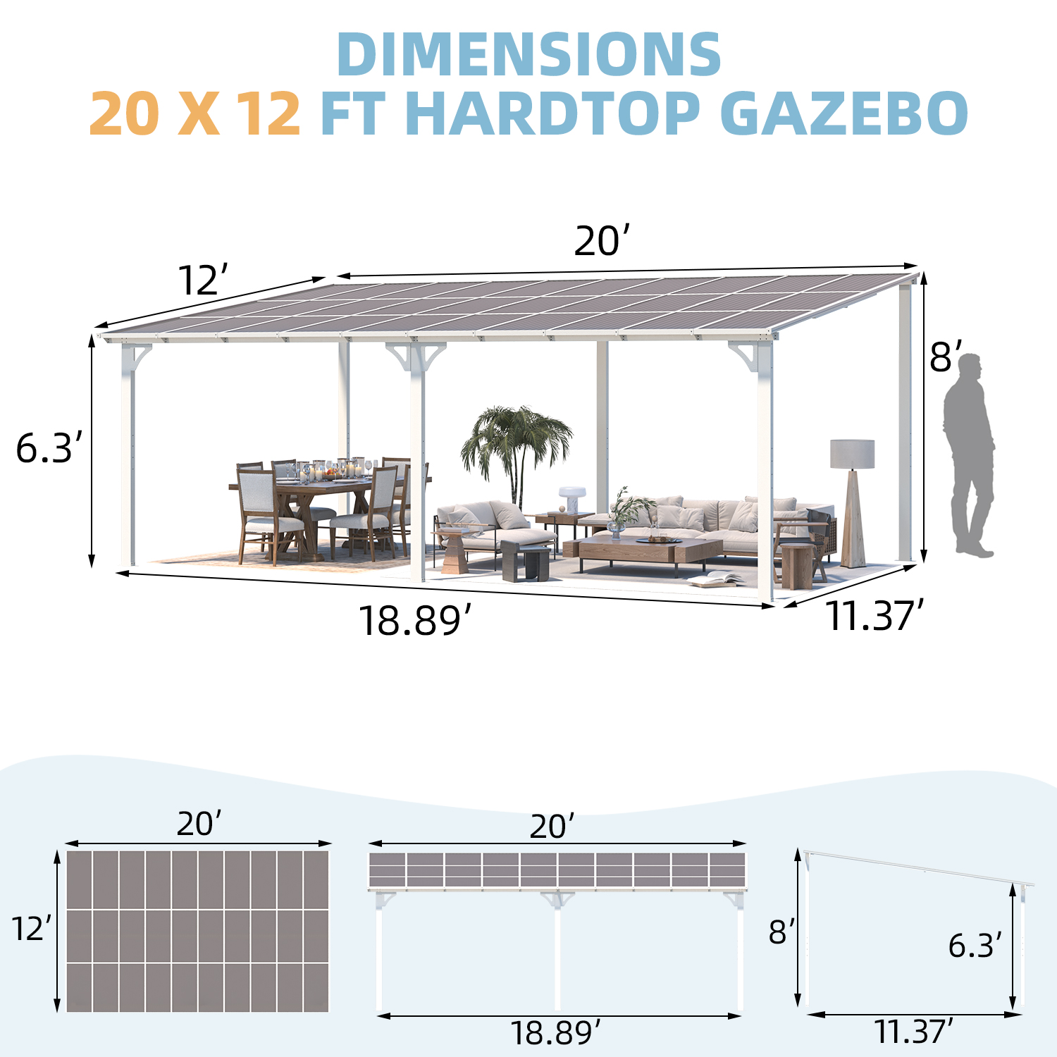 Wall-Mounted Patio Gazebo with Roof - 16403WH-UG01