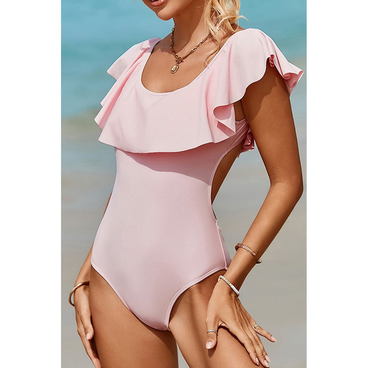 Bonnie Ruffle Overlapping Backless One-Piece Bathing Suit - Small (4-6)