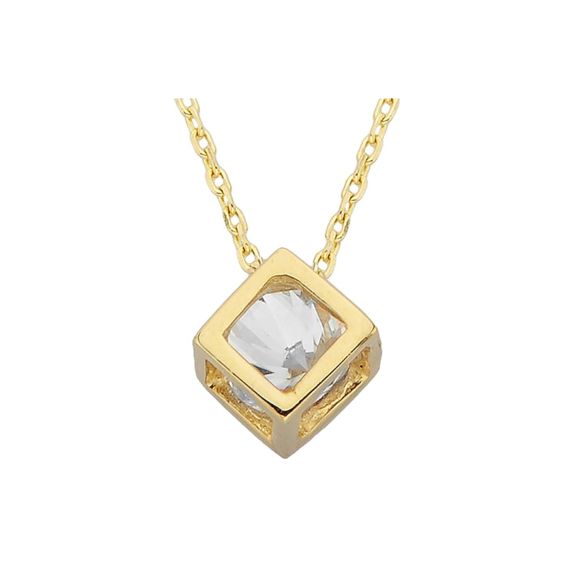 14K Gold Plated Necklace with CZ Inside Cube Pendant - Yellow