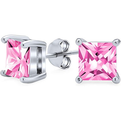 Rhodium-Plated 925 Sterling Silver 5mm Pink CZ Princess-Cut Stud Earrings